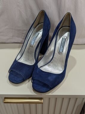 Prada Navy Suede Peep-Toe Block Heel Pumps